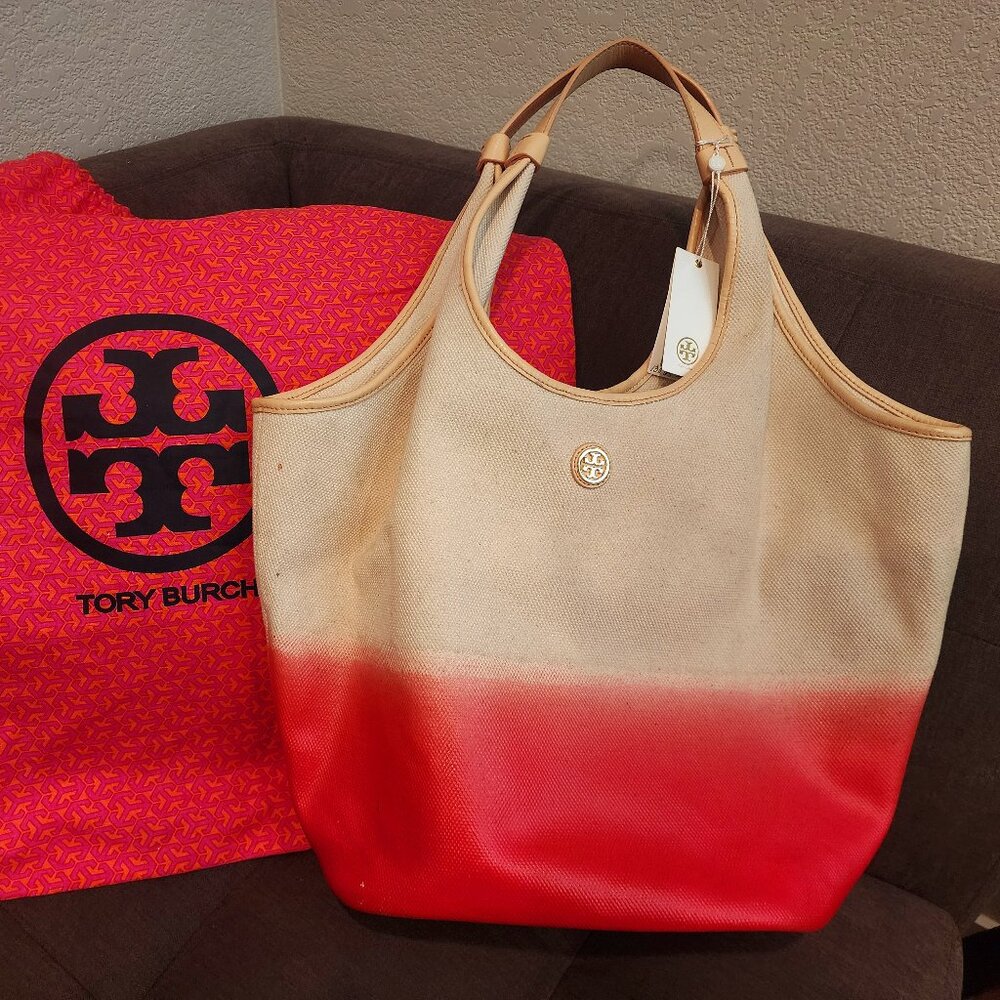 Tory Burch Slouchy Hobo/Shopper/Beach Bag Ombre Bright Red & Natural